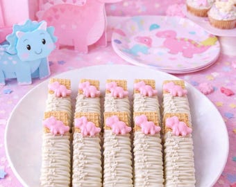 12 Pink Dinosaur Vanilla Wafers, Baby Shower Favors, Girl Dino Party Treats, Chocolate Covered Wafer Cookies, Birthday Dessert Table, Party