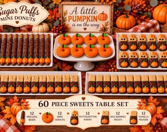 Little Pumpkin Is On The Way Baby Shower Treats, 60 Piece Dessert Table, Baby Shower Cookies, Donuts, Pretzels & Rice Krispies