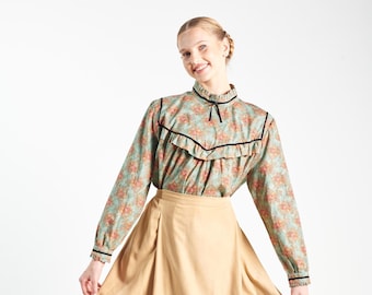 Modest Victorian style women blouse in light turquoise with antique roses, black velvet ribbon |  Yerushalayma