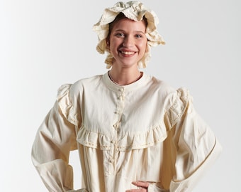 A Set Of  Cap And Classic Vintage Style Beige and Cream striped Cotton Maxi Nightgown | Yerushalayma