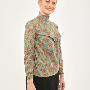 Modest Victorian style women blouse in light turquoise with antique roses image 6