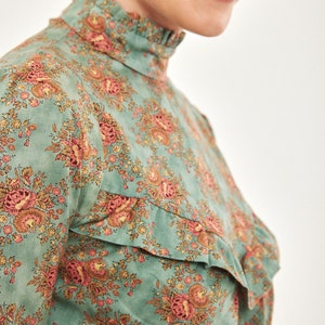 Modest Victorian style women blouse in light turquoise with antique roses image 5