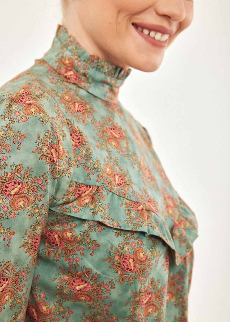 Modest Victorian style women blouse in light turquoise with antique roses image 5
