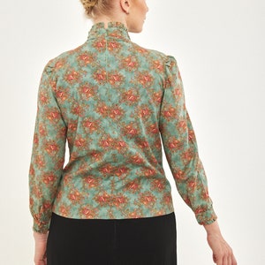 Modest Victorian style women blouse in light turquoise with antique roses image 9