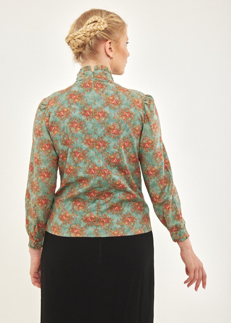 Modest Victorian style women blouse in light turquoise with antique roses image 9