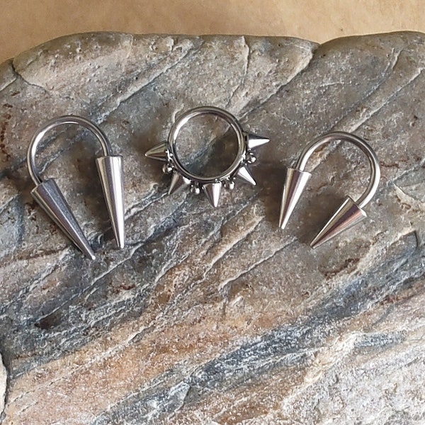 3 piece set 16g piercing jewellery, hinged clicker, long spiked septum, septum ring, spiked septum ring, horseshoe barbell, clicker hoop