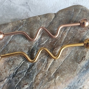 14g 38mm Industrial Barbell Jewellery, Industrial barbell piercing, scaffold piercing,  gold barbell, wavy industrial barbell, rose gold