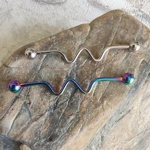 14g 38mm Industrial Barbell Jewellery, Industrial barbell piercing, scaffold piercing,  rainbow barbell, wavy industrial barbell, silver bar