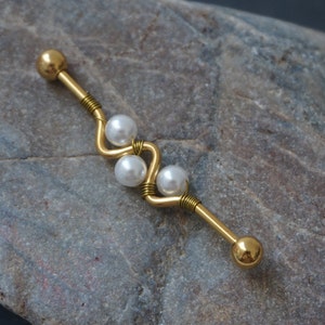 14g 38mm Industrial Barbell Jewellery, Industrial barbell piercing, scaffold piercing,  gold barbell, wavy industrial barbell,