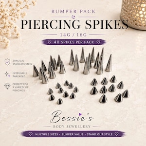 May include: A bumper pack of 40 silver-colored piercing spikes in 14G and 16G sizes. These externally threaded surgical stainless steel components are arranged in various heights and widths, labeled as Bessie's Body Jewellery.