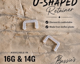 Puede incluir: Dos retenedores de joyería corporal en forma de U, transparentes y hechos de plástico bioflex. El texto en la imagen dice: U-SHAPED Retainer, Discreet & comfortable, Made from bioflex plastic, AVAILABLE IN 16G & 14G y Bessie's BODY JEWELLERY.