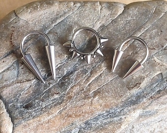 3 piece set 16g piercing jewellery, hinged clicker, long spiked septum, septum ring, spiked septum ring, horseshoe barbell, clicker hoop