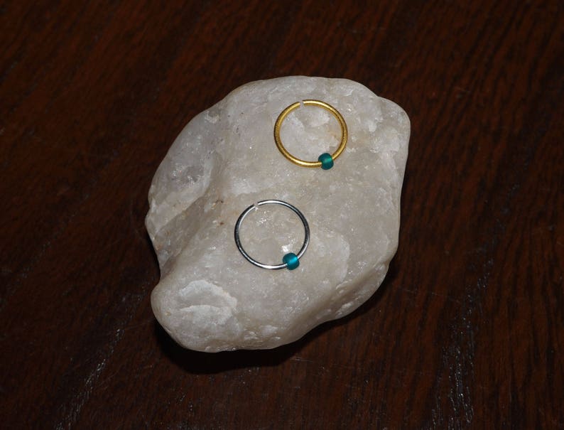 silver nose ring Discreet Nose Hoops with Teal Bead nose piercing thin nose ring gold nose ring thin nose hoop body jewellery