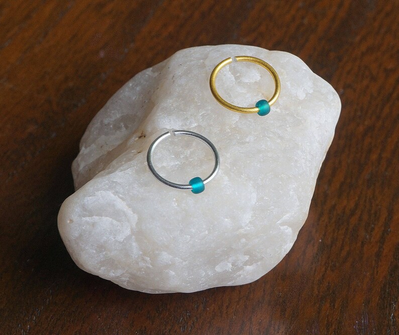 silver nose ring Discreet Nose Hoops with Teal Bead nose piercing thin nose ring gold nose ring thin nose hoop body jewellery