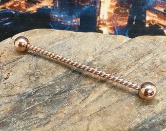 14g 38mm Twisted Rose Gold Industrial Barbell, Scaffold Piercing,