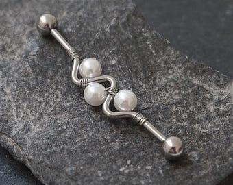 Wavy Industrial Barbell Piercing with Imitation Pearls (14g 38mm)