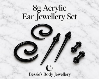 8g Black Acrylic Earring , Spiral Tapers, Straight Tapers, Plugs, Piercing Plugs, ear Stretching, Black Body Jewellery, Punk Piercing