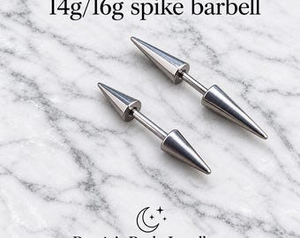 14g/16g straight spike barbell, 4mm-12mm, long spike barbell, bridge piercing, goth jewellery, punk piercing