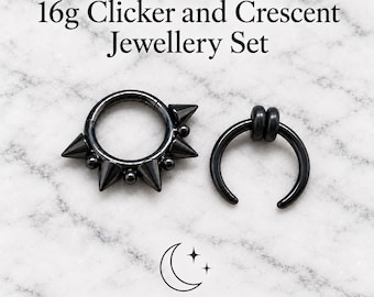 16g Black Spiked Clicker & Crescent Pincher Set, Titanium Hoop and Acrylic Taper, Hinged Clicker, Buffalo Taper