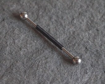 14g Silver Industrial Barbell Piercing with Black Wire Detail 30-38mm, Punk Jewellery, Goth Jewellery,