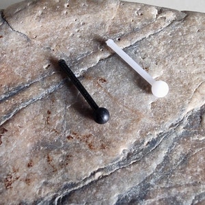 May include: Two nose rings, one black and one white, with rounded ends. The rings are on a textured rock surface.