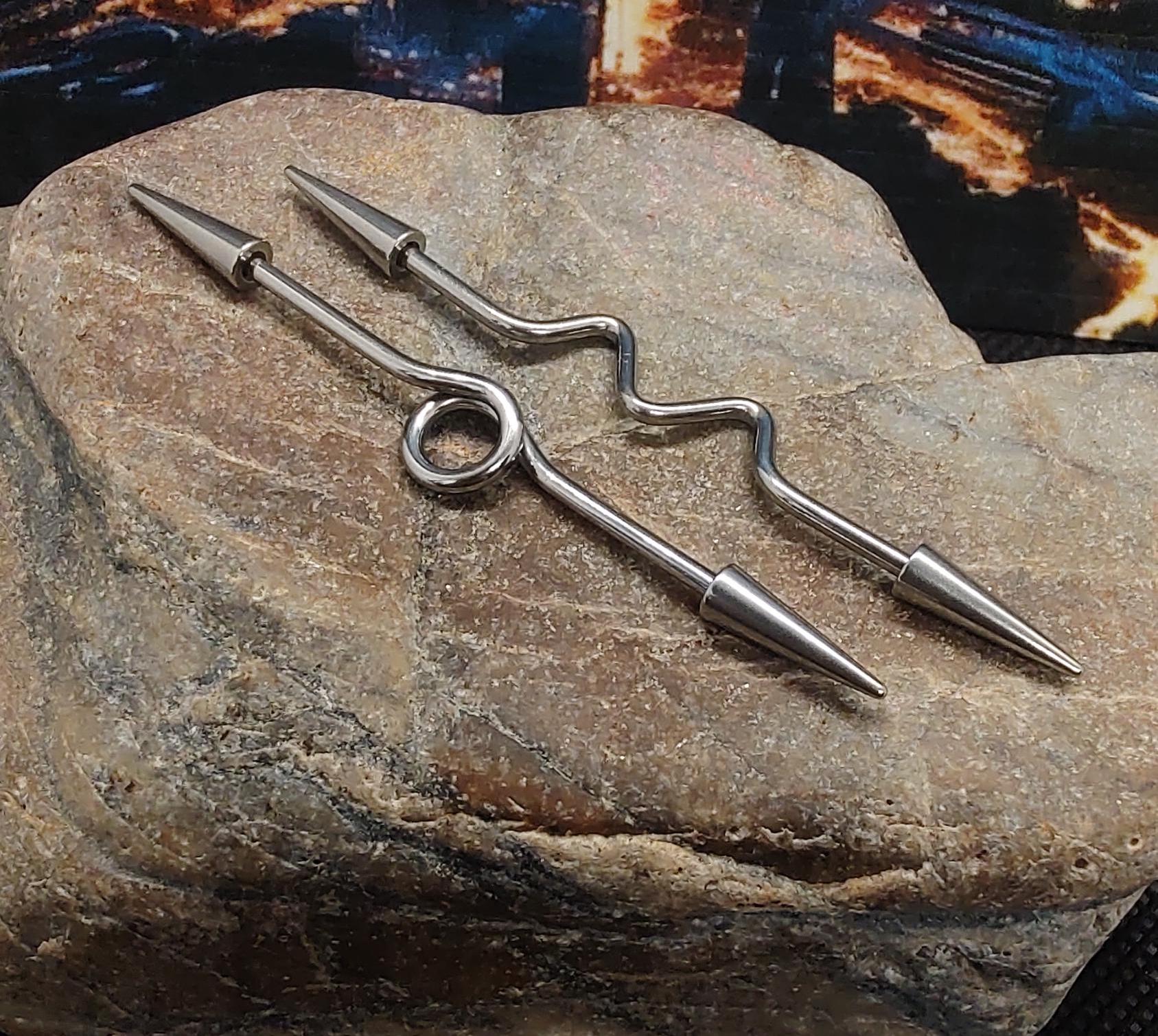 Pair of 14g 38mm Spike Industrial Barbell, Industrial piercing, scaffold piercing, spike barbell, long spike barbell, silver industrial bar