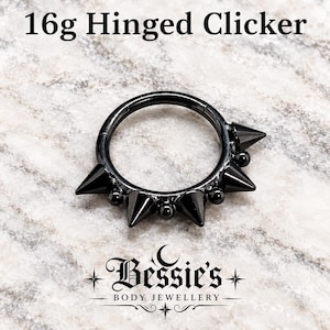 16g titanium scharnierende klikring, zwarte septum-, daith-, conch- en oorlelpiercing met spikes, gotische sieraden, punkpiercing, alternatieve sieraden