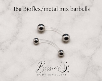 16g Bioflex Barbell, 16g banana bar, banana retainer, Clear Body Jewellery, Curved Barbell, 6mm 8mm 10mm 12mm