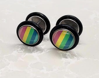 Rainbow Fake Plug Earrings, Pride Faux Ear Plugs, Cheater Gauges, LGBT Stud Earrings, Illusion Plugs, Alternative Jewellery, Pride Jewellery