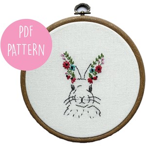 Kaninchen mit Blumenohren Stickmuster. PDF Stickanleitung. 6" Stickrahmen. Stickmuster