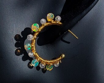 18ct gold welo opal and zircon hoop earrings