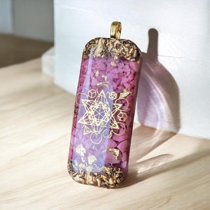 Metatron Rhodocrosite Gold Rectangle Orgonite Pendant