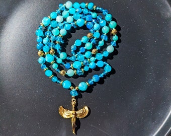 Collier Mala Isis 108 perles Amazonite, Apatite, pierre de lave et cristaux