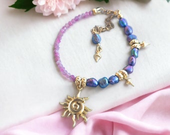 Bracelet soleil perles d'eau douce naturelles et tourmaline rose micro facettée or 18ct