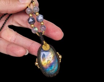 Rainbow Labradorite Macrame Necklace | Handmade jewelry with stainless steel beads and brass charm