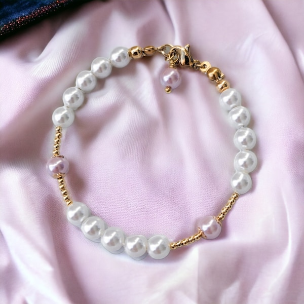 Bracelet ajustable perles de culture blanches et rose or