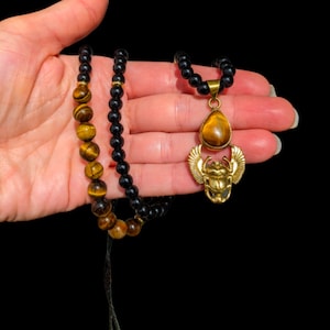 Adjustable Black Onyx and Tiger&#39;s Eye Necklace with Golden Egyptian Scarab
