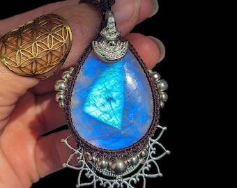 Rainbow Moonstone Pendant Lunar Jewelry Macrame Mandala