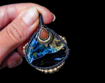 Tribal pendant boho Jewelry Pietersite and Cornelian natural stone rare macrame