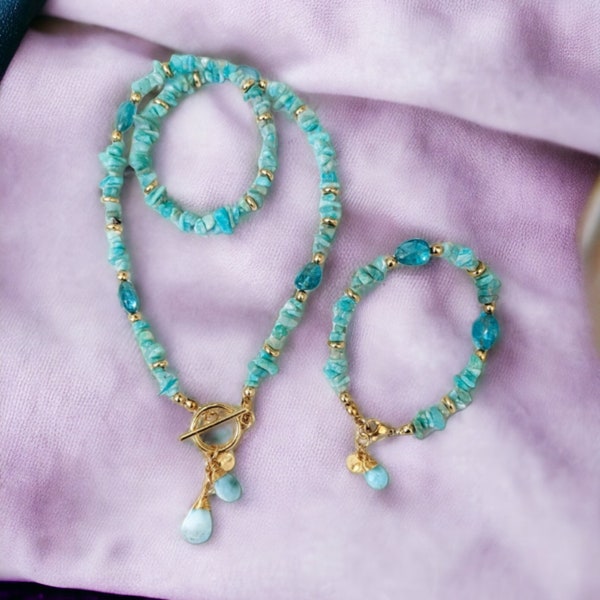 Parure Amazonite, Apatite et Larimar collier ras de cou et bracelet or