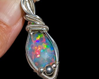 Rainbow Ethiopian opal pendant • Silver-plated copper wire wrap • Natural stone • Handmade crystal healing jewelry for women