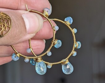 18ct gold-plated fine gemstone hoop earrings featuring faceted aquamarine and apatite
