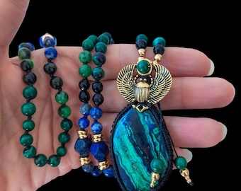 Malachite Azurite, Lapis lazuli, Ruby Zoisite and Onyx Necklace