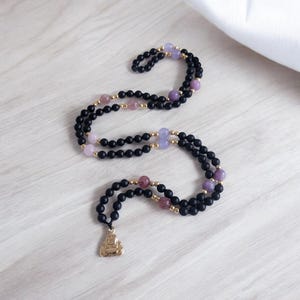108 Bead Mala Necklace – Black Onyx, Rose Quartz, Strawberry Quartz, Lilac Jade & Lepidolite – Balance and Softness