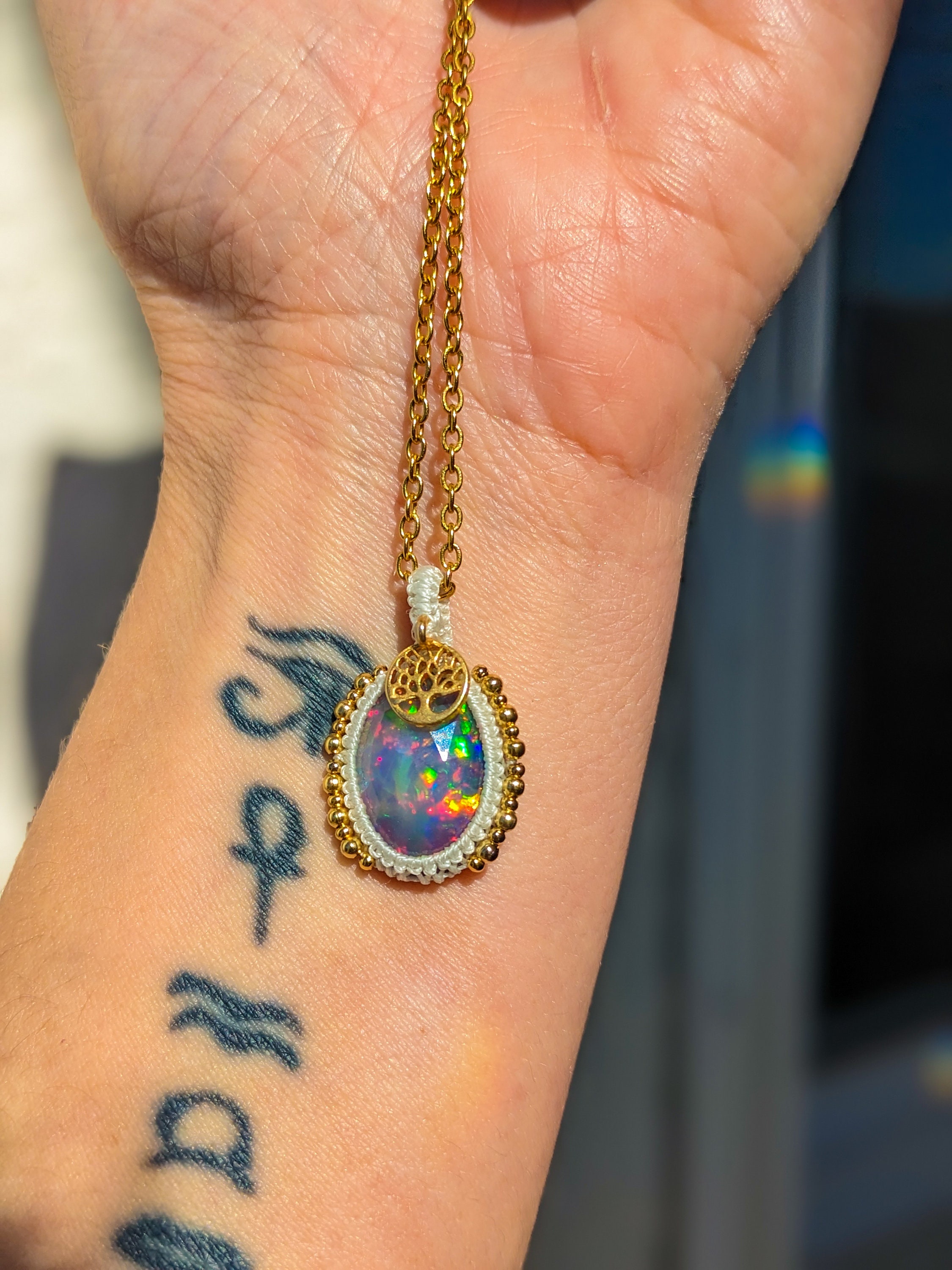 exclusive Faceted black Necklace opal and gold tree of life pendant of 