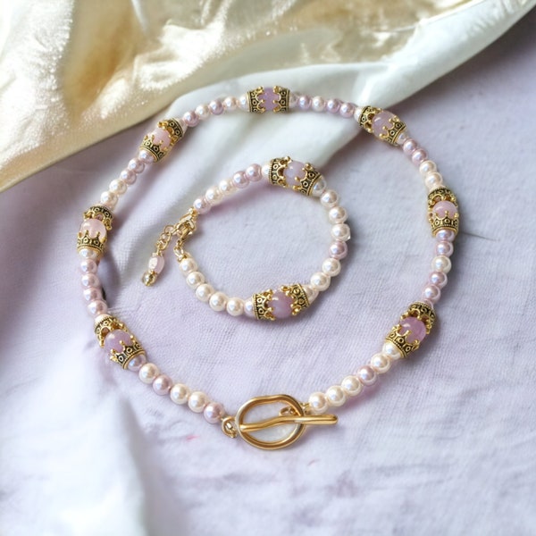 Parure couronne Perles de culture multicolore, Kunzite et Quartz rose collier et bracelet