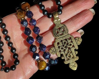 108-bead Mala Necklace – Onyx, Tiger's Eye & Blue Goldstone with Ethiopian Cross for Protection and Inner Strength