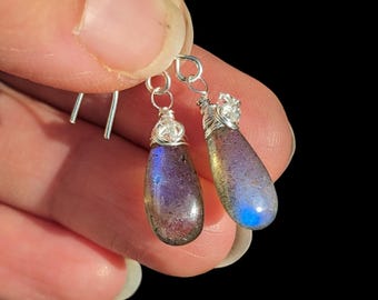 Blue Labradorite and Herkimer diamond hook earrings in 925 silver