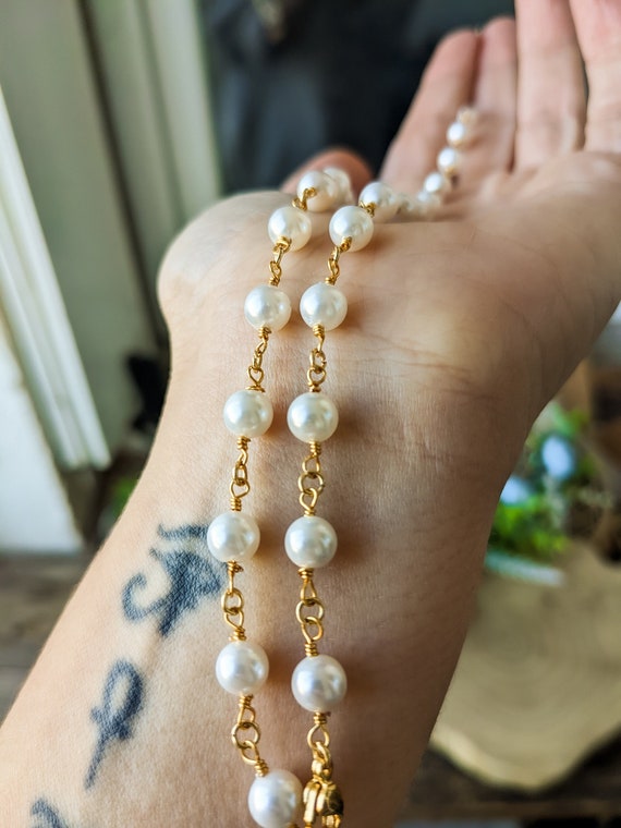 18k Gold Layered Cream Pearl Rosary Style Necklace, Fashion Catholic P –  Bella Joias Miami