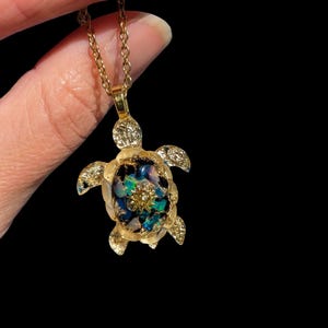 Turtle Crystal Pendant – Black Tourmaline, Welo Opal & 24ct Gold Leaf